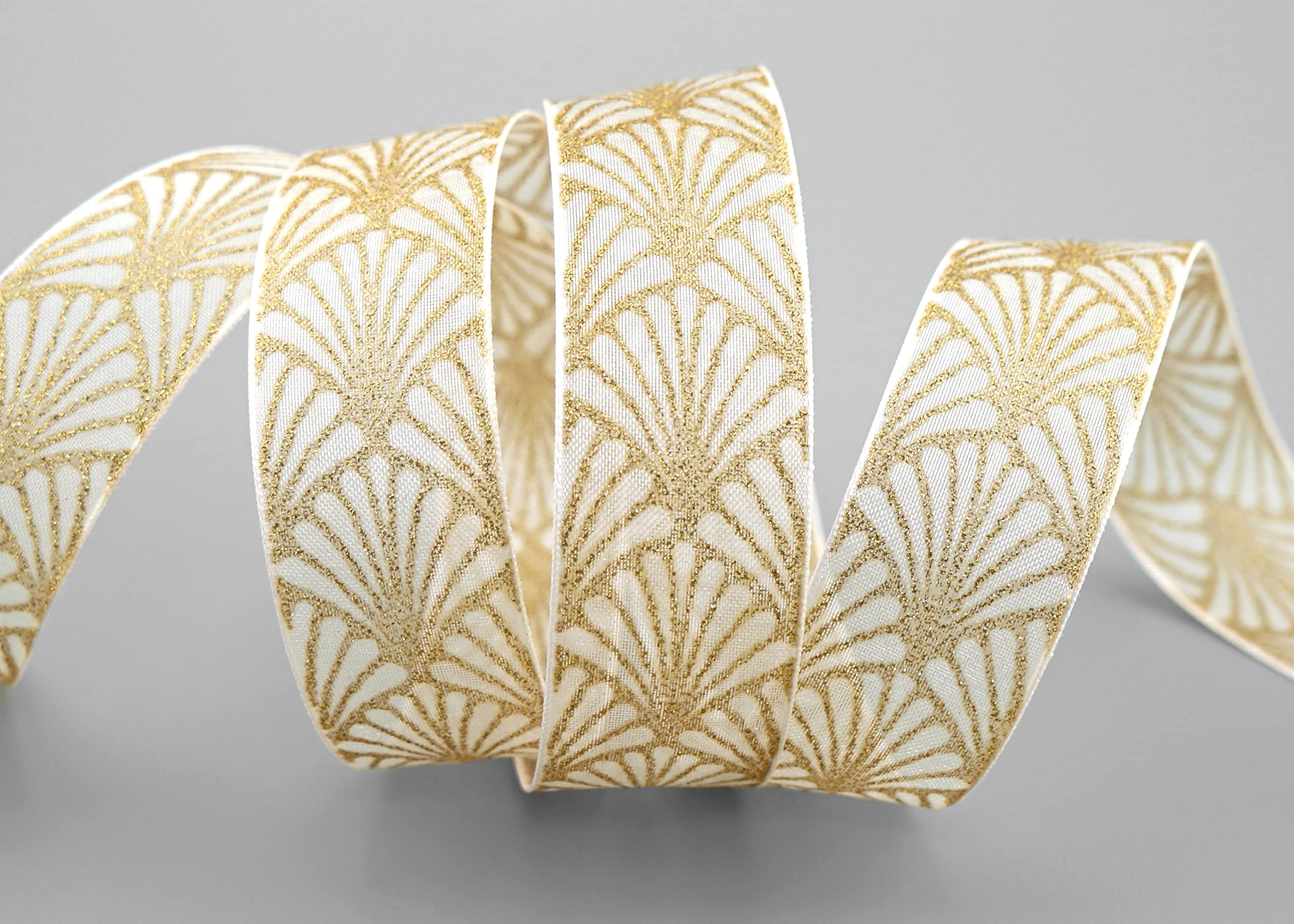 finemark 20 m x 25 mm Art Nouveau Cream Ivory Gold Gift Ribbon Bow Ribbon Decorative Shiny Ribbon Christmas Party Wire Edge Ribbon Decorating Craft Gift Wrapping