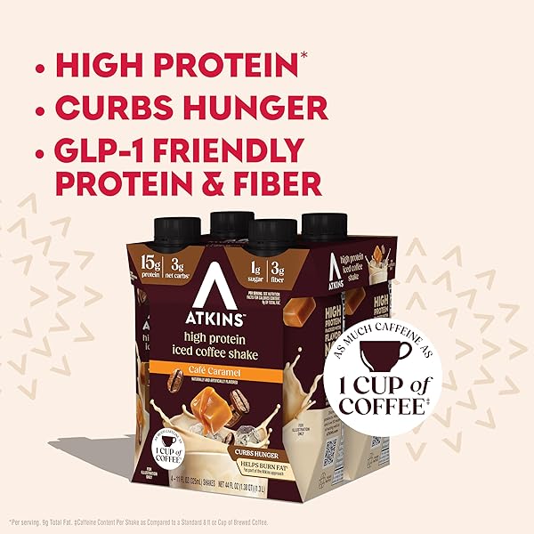 ATKINS CAFÉ CARAMEL ICED COFFEE FLAVORED PROTEIN SHAKE, HIGH PROTEIN SHAKE, LOW GLYCEMIC, LOW CARB AND LOW SUGAR, KETO FRIENDLY, GLUTEN FREE, 12 COUNT