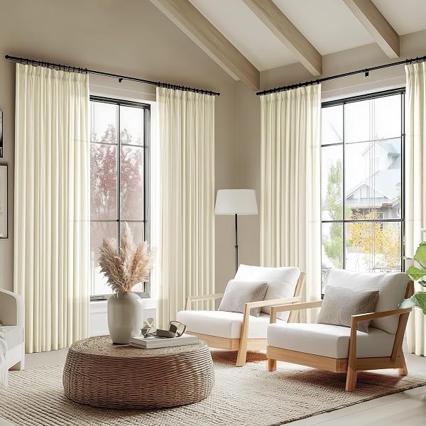 PANGSINNE BEIGE HEAVY DUTY LINEN CURTAINS – 108 INCHES LONG THICK LINEN TEXTURED SEMI SHEER CURTAIN FOR LIVING ROOM NEUTRAL PINCH PLEATED LIGHT FILTERING CEILING