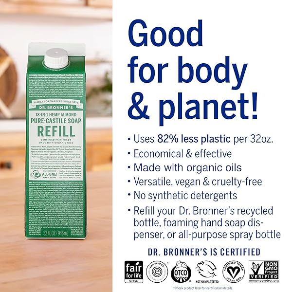 DR. BRONNER’S – PURE-CASTILE LIQUID SOAP REFILL, 82% LESS PLASTIC PER QUART, MADE WITH ORGANIC OILS, 18-IN-1 USES, FOR FACE, BODY, HAND SOAP REFILL, HAIR, LAUNDRY, PETS & DISHES (32OZ, ALMOND)