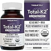 Total K2&reg; - Vitamin K2 as MK7 &amp; MK4 + K1 &amp; Vitamin D3 Cofactor, Organic | 620mcg K2 per Serving, All-Trans MK7 from MenaQ7&reg;, Full-Spectrum Vitamin K, Vegan, Organic Certified, 60 Capsule
