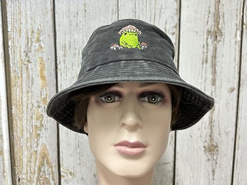 Embroidered Frog with Mushroom Bucket Hat, Cotton, Unisex Frog with Mushroom Bucket Hat Unisex Travel Sun Fisherman  main image 4