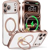 GolbinBox Magnetic for iPhone 17 Pro Case with 360° Spin Stand, [Compatible with MagSafe][Camera Protection][18FT Military Protection] Cute Wave Slim Phone Case for iPhone 17 Pro, Rose Gold/Clear