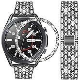 DEALELE Bands Compatible with Samsung Galaxy Watch 3 (45mm), 22mm Full Rhinestone Diamond Stainless Metal Strap with Bezel Ring Cover Replacement for Women Men (Black)