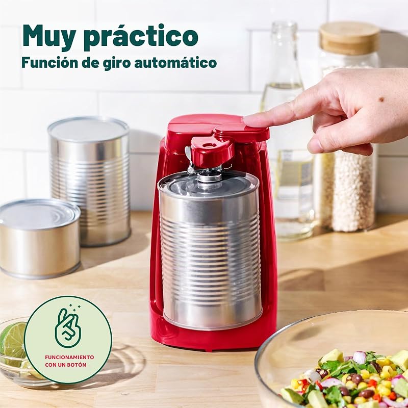 Abrelatas Eléctrico y Afilador de Cuchillos, Abridor de Tarros y Botellas Multifuncional con Palanca de Corte Extraíble y Almacenamiento de Cables, Hoja de Acero Inoxidable, Rojo