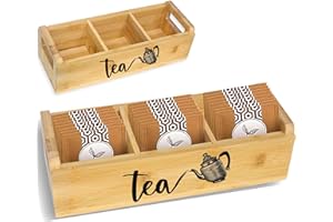 ZEN EARTH INSPIRED 3-Slot Tea Holder Bamboo Organizer Box Chemical-Free Loose Leaf Safe Big, Tall, Adjustable Cubbies Natural Wooden Storage Chest