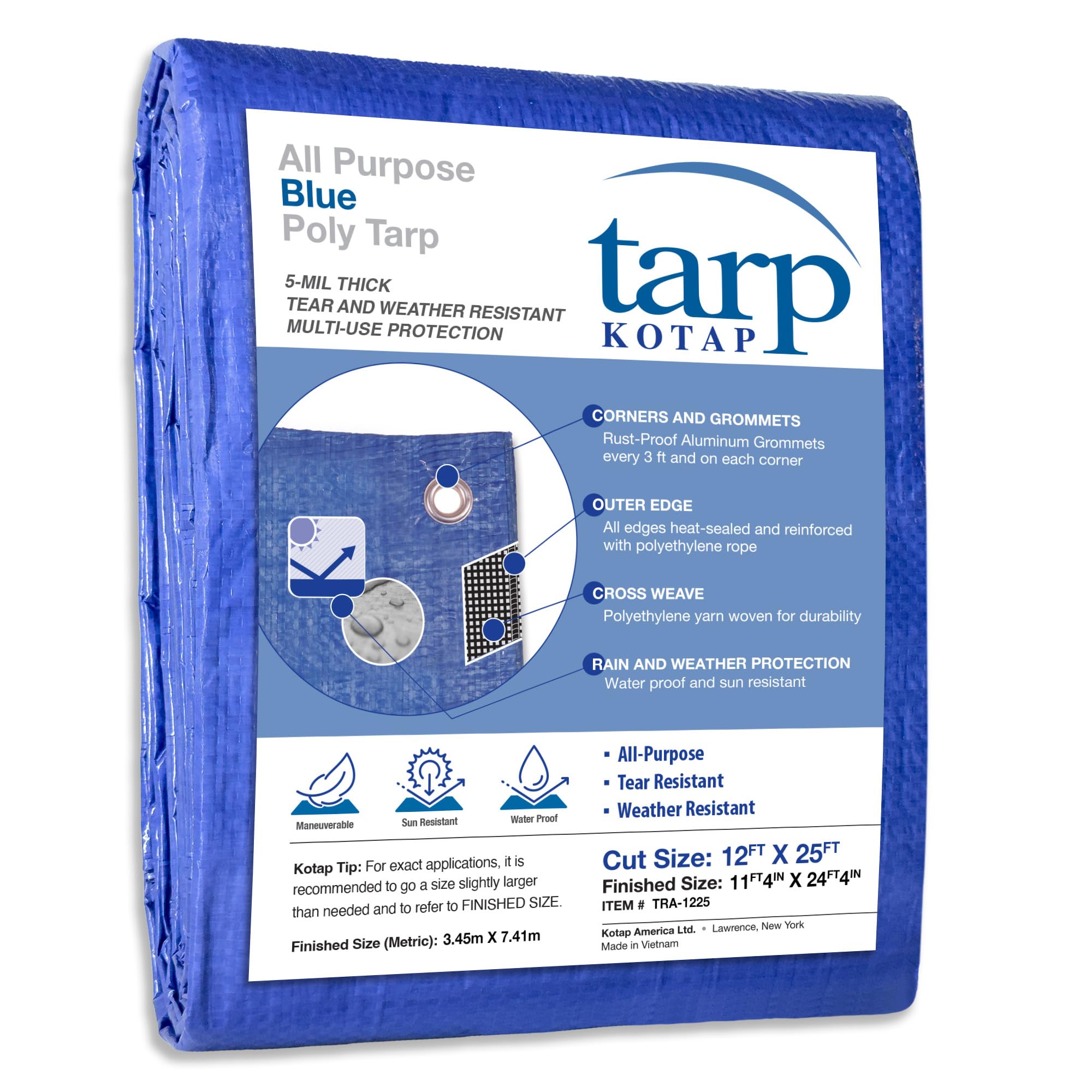 Kotap TRA-1225 Waterproof All- Purpose Multi-Use Protection/Coverage 5-mil Poly Tarp, Blue, Size: 12 x 25'