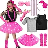 Super Big Sister 13pcs Girls 80s Outfit Costume Accessories Light Up Tutu Shirt Outfits Halloween 1980s 90s Theme Retro Party
