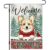 DLZDN Winter Welcome Corgi Dog Garden Flag 12×18 Inch Double Side Vertical Burlap Farmhouse Yard Sign Winter Christmas Outdoor Decoration