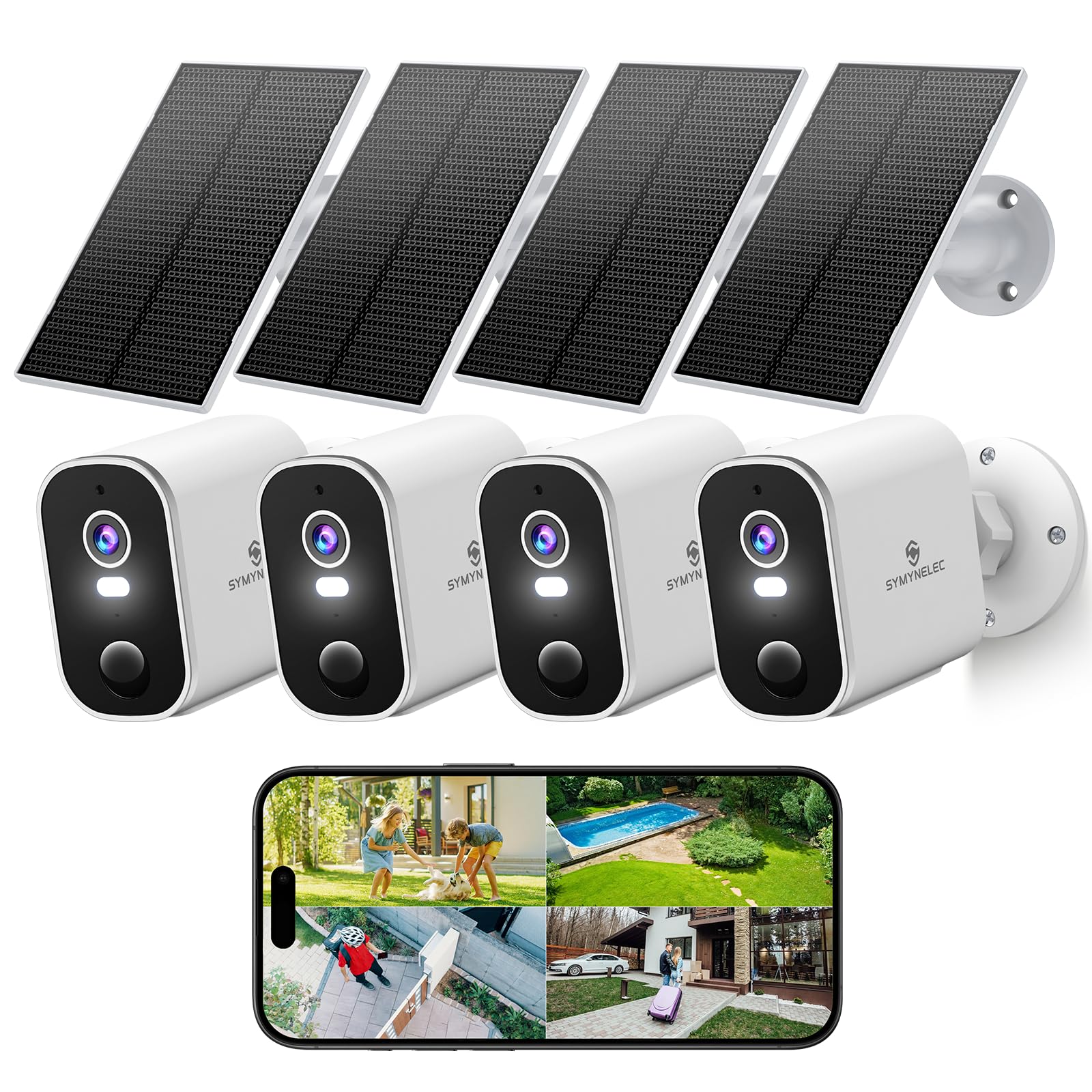 Photo 1 of SYMYNELEC Solar Security Cameras Outdoor: 4-Pack Wireless Surveillance System - 2K Night Vision Motion Detection - Waterproof Home Monitoring Year-Round for Homeowners