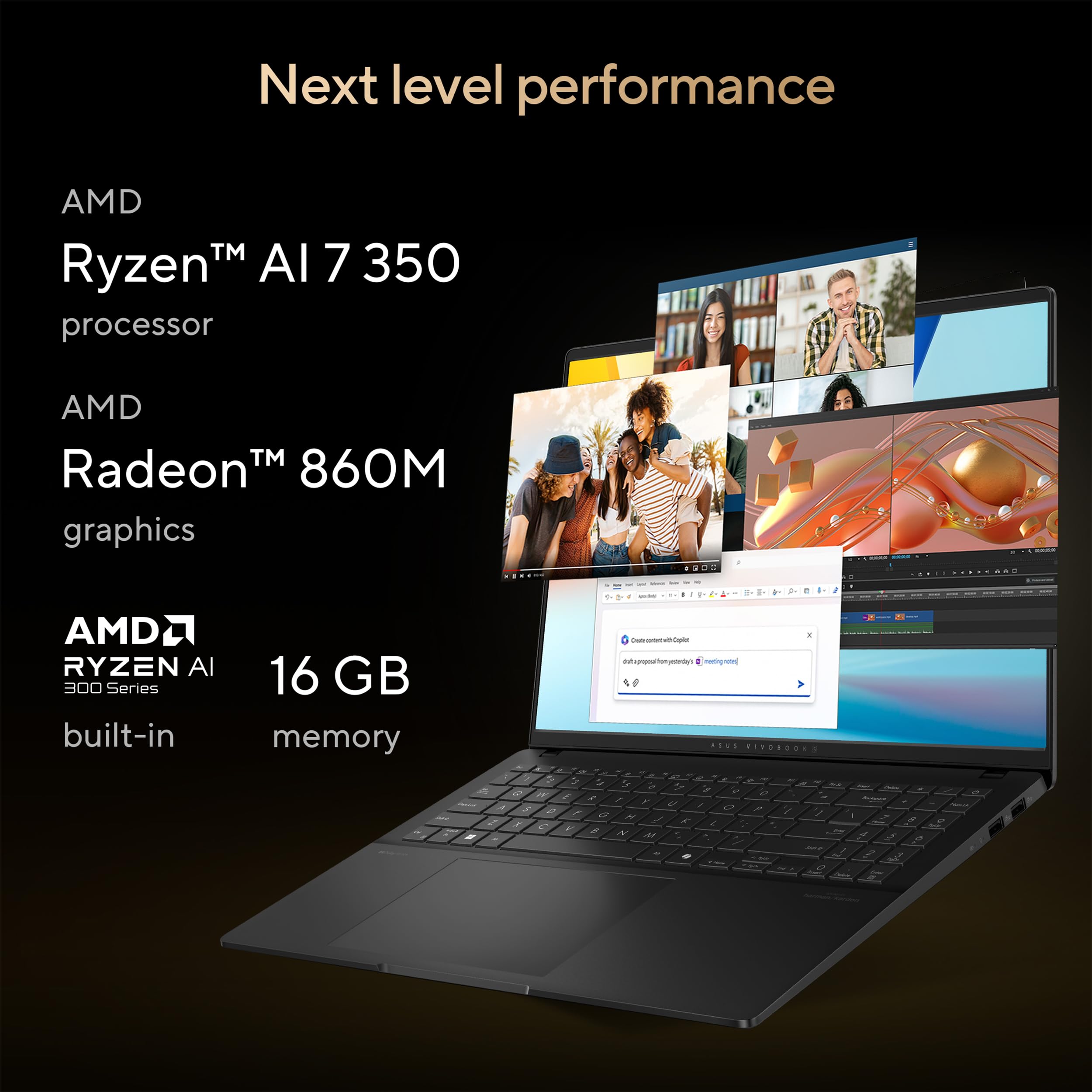 ASUS Vivobook S16 Laptop, Copilot+ PC, AMD Ryzen AI 7 350 with XDNA NPU, 16GB Memory, 1TB SSD, Neutral Black, M5606KA-DS76