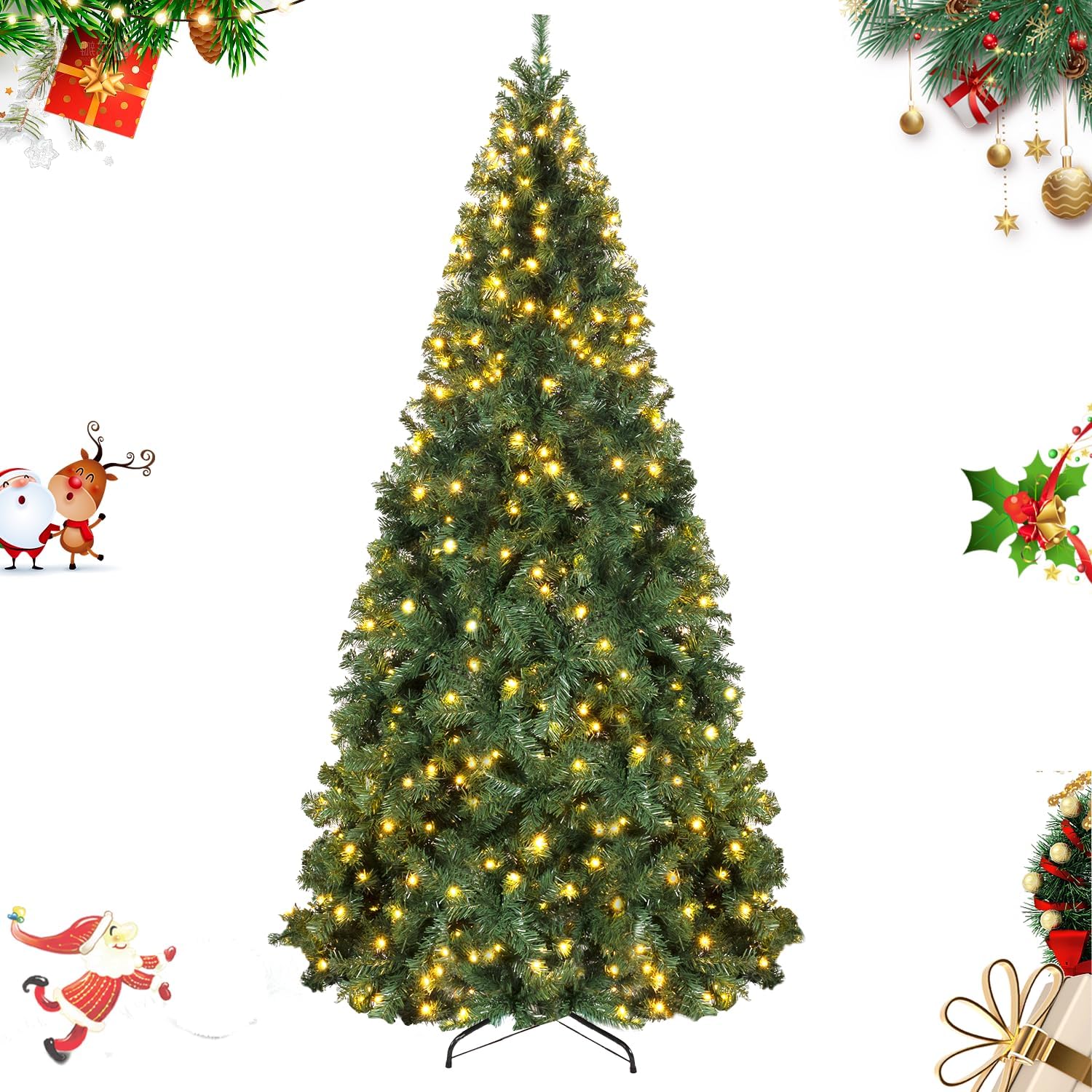 Trees - YouMedi 6.5ft Pre-Lit Artificial Holiday Christmas Spruce Tree with Lights - Premium Hinged Tree for Home, Office, Party Decoration - Metal Hinges & Foldable Base