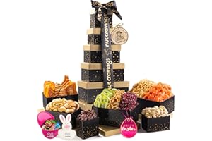 Nut Cravings Gourmet Collection - Easter Tower Dried Fruit Nuts & Candies Gift Basket with Happy Easter Ribbon (12 Piece Assortment) Candy Filled Egg + Bunny Stuffer - Kosher