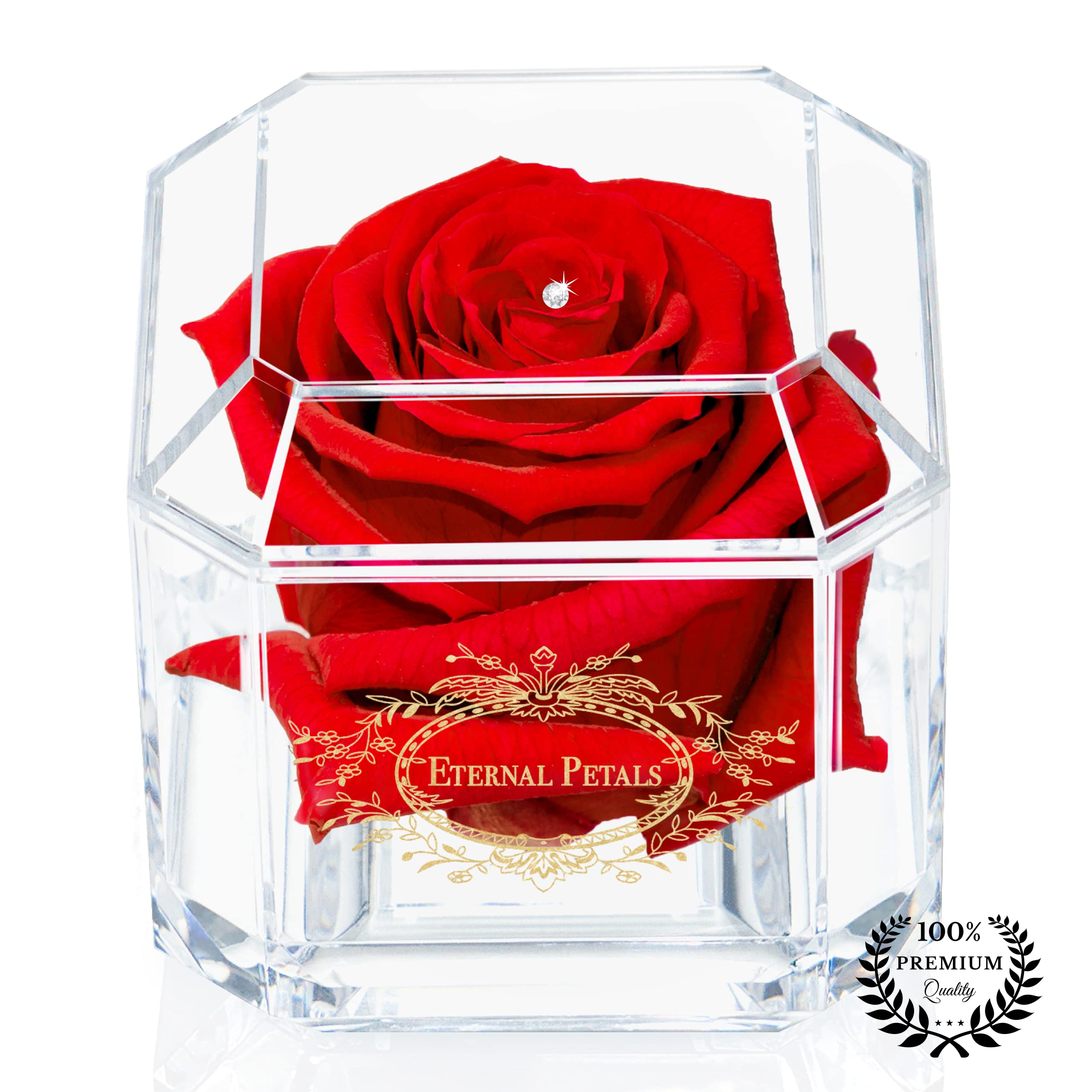 A 100% Real Rose That Lasts Years - Eternal Petals, Handmade in UK – Preserved Infinity Flower - Gold Solo with A Clear Crystal (Red)