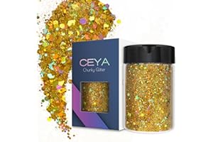 Ceya Holographic Chunky Glitter, 3.5oz/ 100g Lazurite Gold Craft Glitter Powder Mixed Fine Flakes Iridescent Nail Sequins for