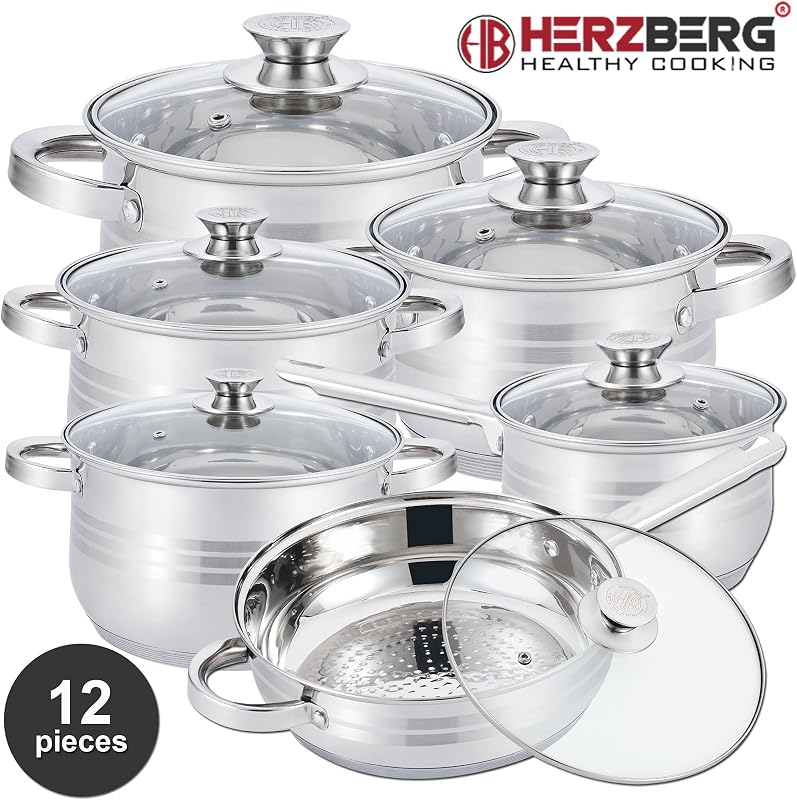 HG1241 HG1241 - Conjunto de panelas e panelas para todos os tipos de fogo, 12 peças, aço inoxidável, prata — foto 3 de 4