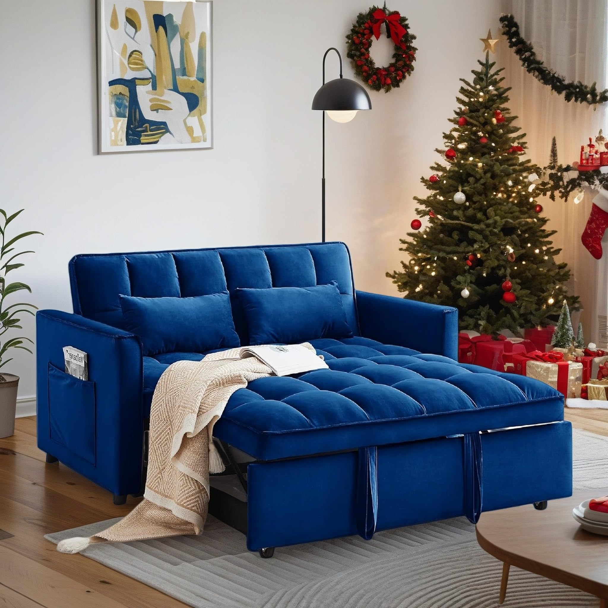 Photo 1 of ***BOX A OF A AND B ONLY***Trygoal Convertible Sofa Bed, Pull Out Couch with Side Pockets, 3 in 1 Velvet Fabric Loveseat Sleeper Sofa Bed, Pull Out Couch with Adjustable Backrest for Living Room, Bedroom, Apartment, Blue