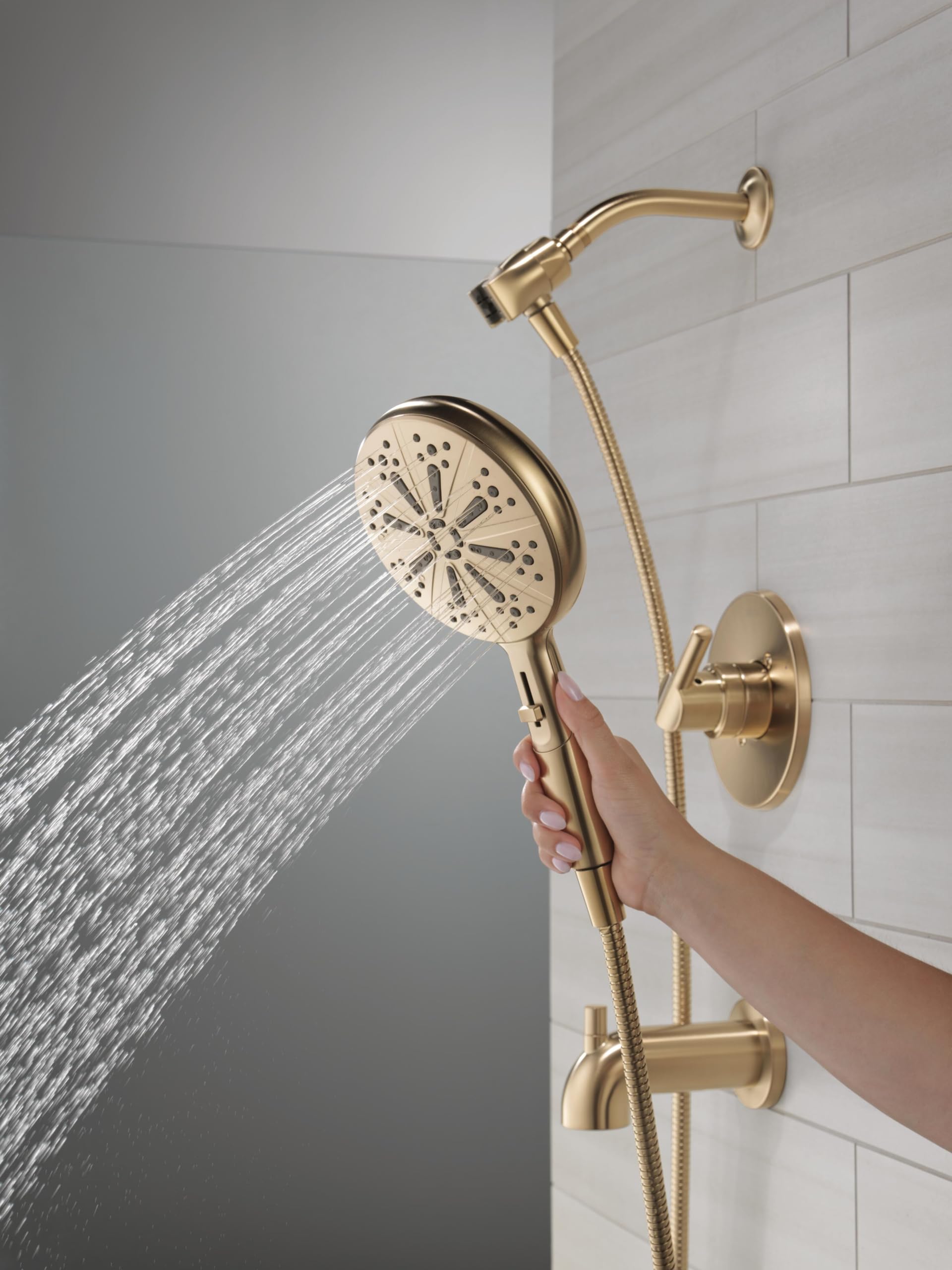 Delta Nicoli 14 Series Brushed Gold Bathtub Shower Faucet Set with Handheld Shower Head, Valve Trim Kit, Champagne Bronze 144749-CZ-HS (Valve Included)