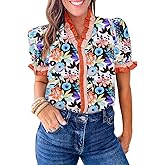 Cicy Bell Womens Summer Floral Print Tops Casual Puff Short Sleeve Ruffle V Neck Button Down Shirts Patchwork Boho Blouses
