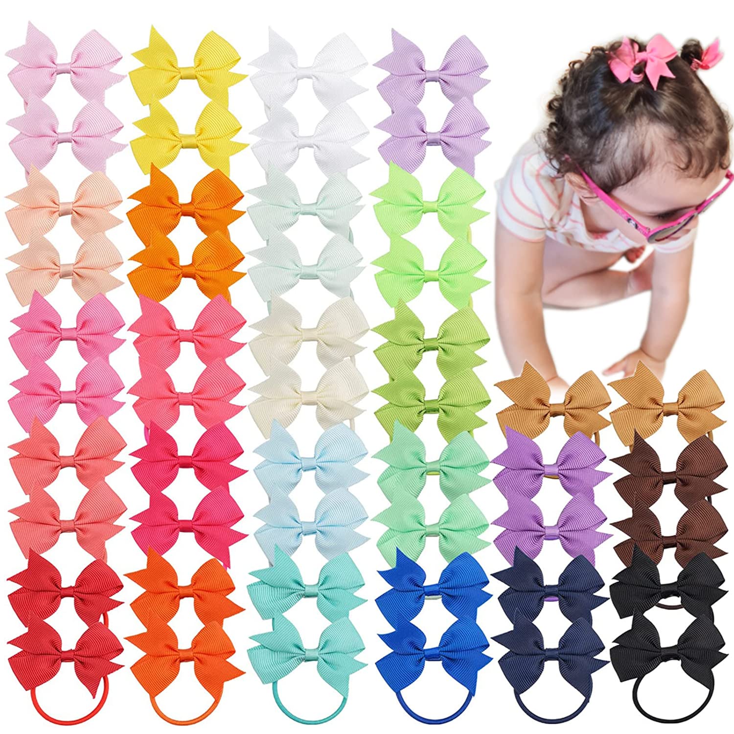 JOYOYO 50 Pcs Baby Girls Hair Bobbles Baby Hair Bows Small Hairbands - With 2 Inch Ribbon Bows In Pairs