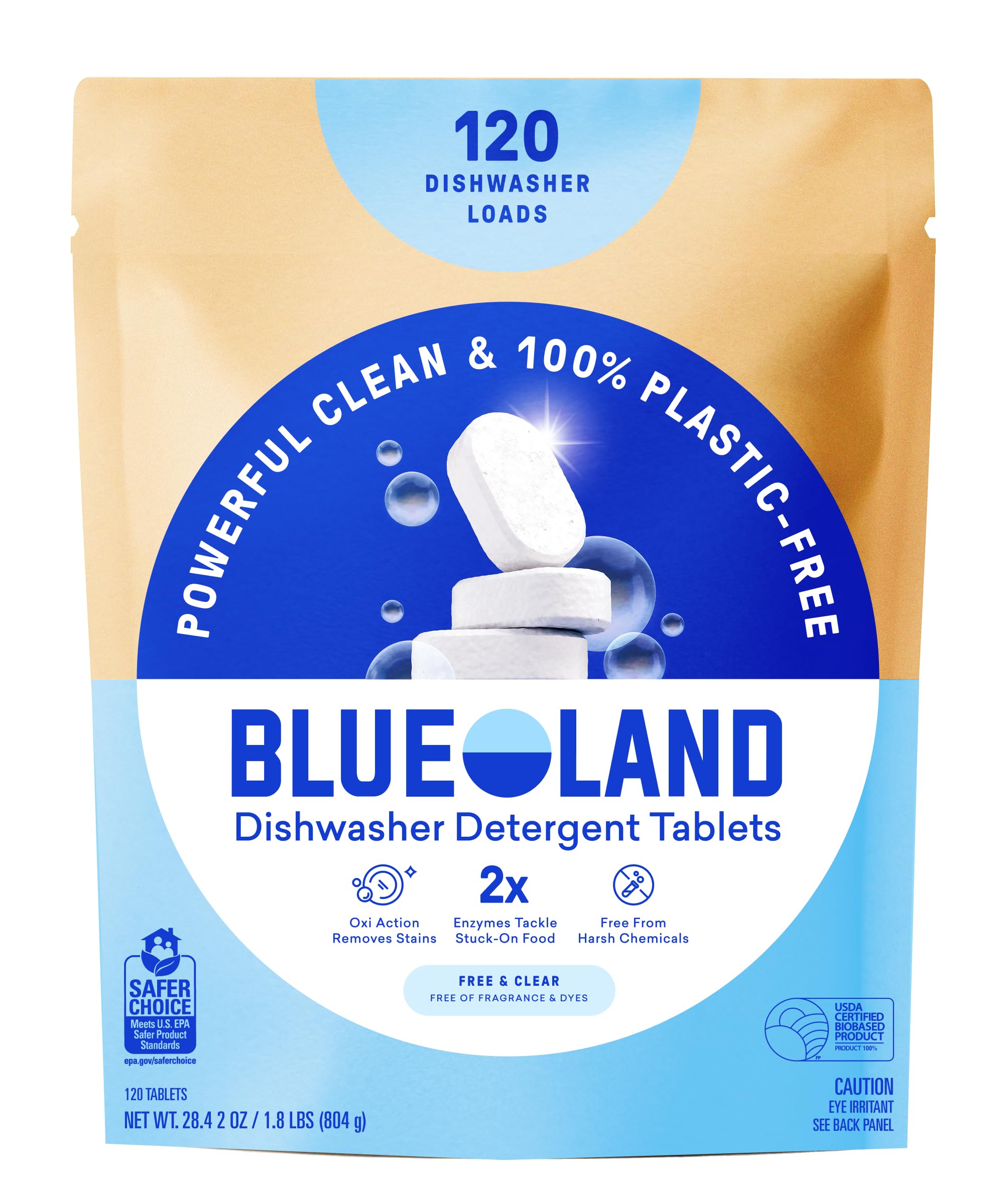 BLUELAND 100% Plastic-Free Dishwasher Detergent Tablets 120ct, Free & Clear