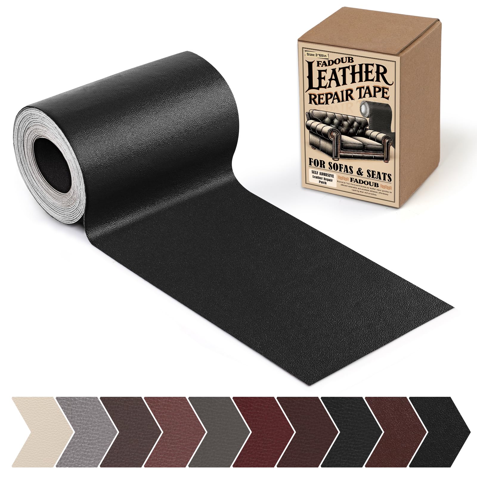 Photo 1 of Fadoub Leather Repair Patch, 3 x 60In Self Adhesive Leather Repair Tape Kit for Furniture, Couch, Sofa, Office, Car Seats, Car Interior,Vinyl Repair Kit (Black-Fine Grain)