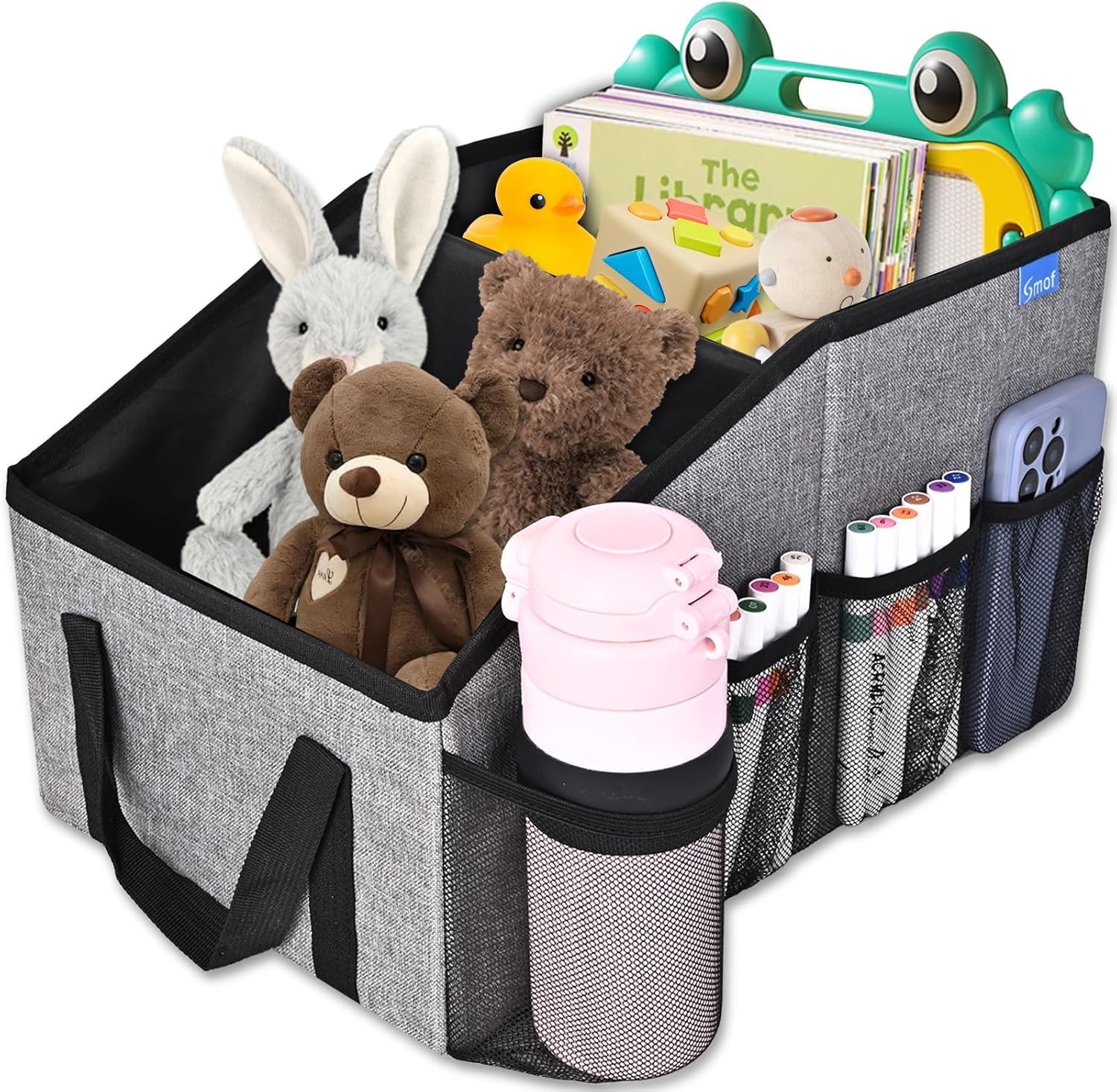 Car Organiser for Front and Back Seat, Between Seats Storage for Kids With Cup Holders, Adjustable Dividers (Gray)