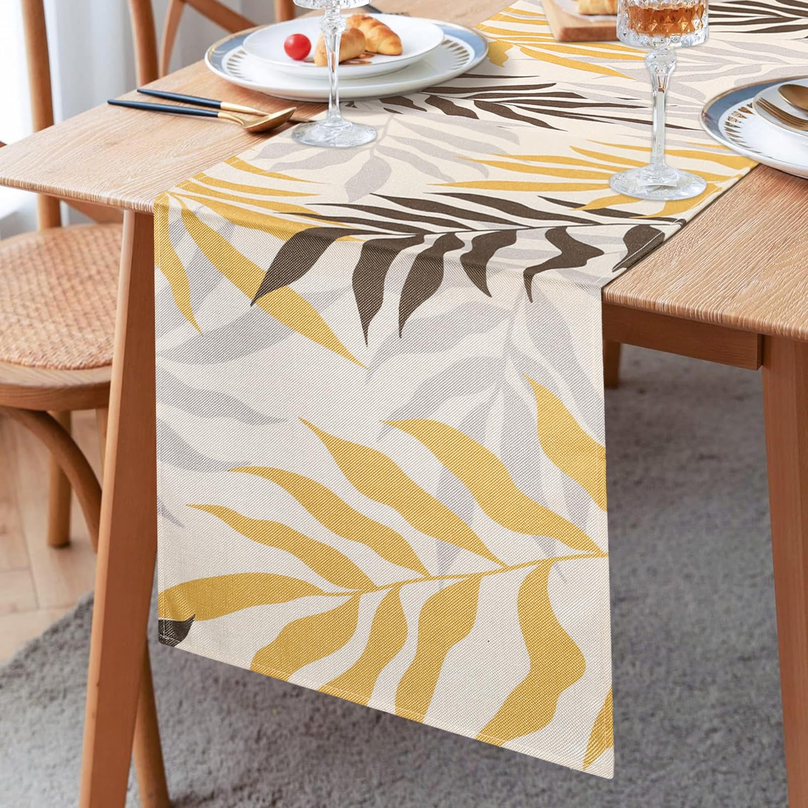 Table Runner Modern Dinning Table Runner Vintage Yellow Leaf Table Runners Machine Washable Table Runner Brown Leaves Table Cloth Tablerunner for Living Room Wedding Kitchen Home Decor 33x183cm