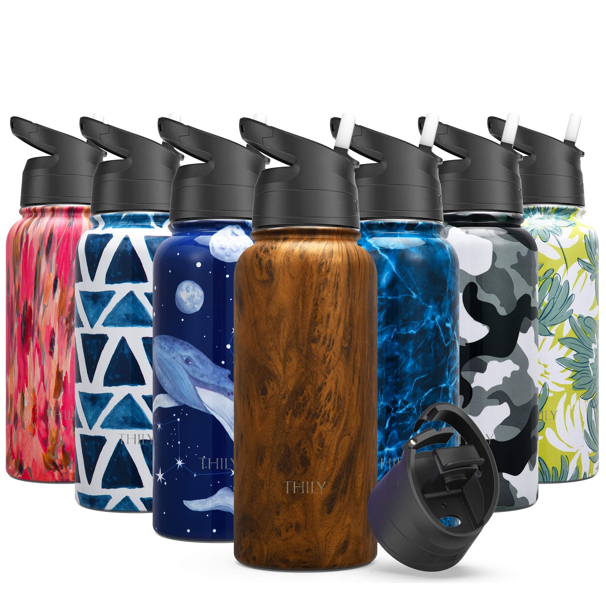 Vacuum Insulated Sports Water Bottle - THILY 945 ml Stainless Steel Leakproof Wide Thermo Mug with Flip & Straw Lid, Reusable, BPA Free, for Gym, Travel, Hiking, Original Woodgrain