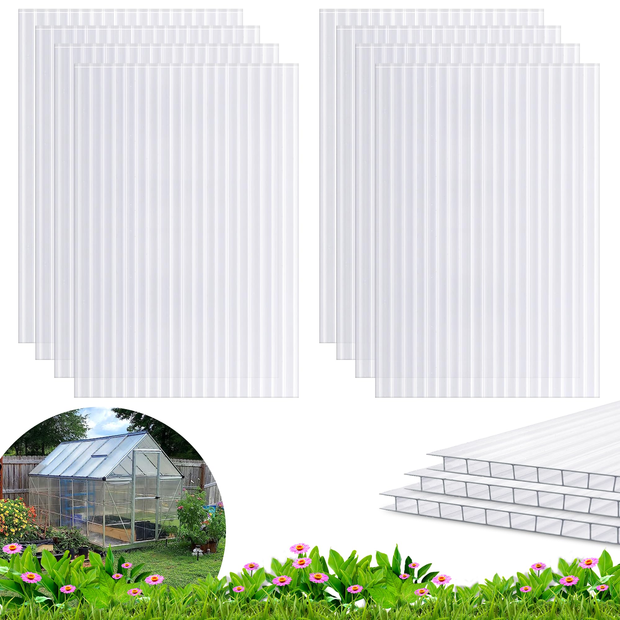 Photo 1 of Quibbay 8PCS Polycarbonate Greenhouse Panels, 6' x 4' x 0.16'' Twin-Wall Panels Polycarbonate Sheet, Clear Waterproof UV Protected Corrugated Plastic Roof Panels for Greenhouse Replacement