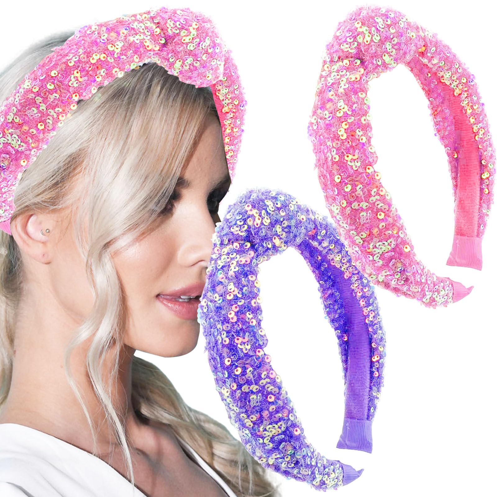 2 PACK Sequin Knotted Headbands, Cute Fashion Headwear Sparkly Wide Headband Glitter Knot Hair Bands Hair Accessories for Women Girls