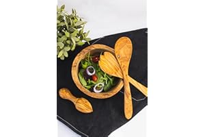 [OliWood] Olive Wooden Salad Set - 4 Pieces - Bowl + Spoon & Fork + Lemon-Squeezer (Wood) (Wood)