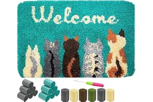 Latch Hook Rug Kit, Pre-Printed Yarn Rug Latch Hook Kit, DIY Cat & Welcome Home Pattern Door Mat Needlework for Beginners Adu
