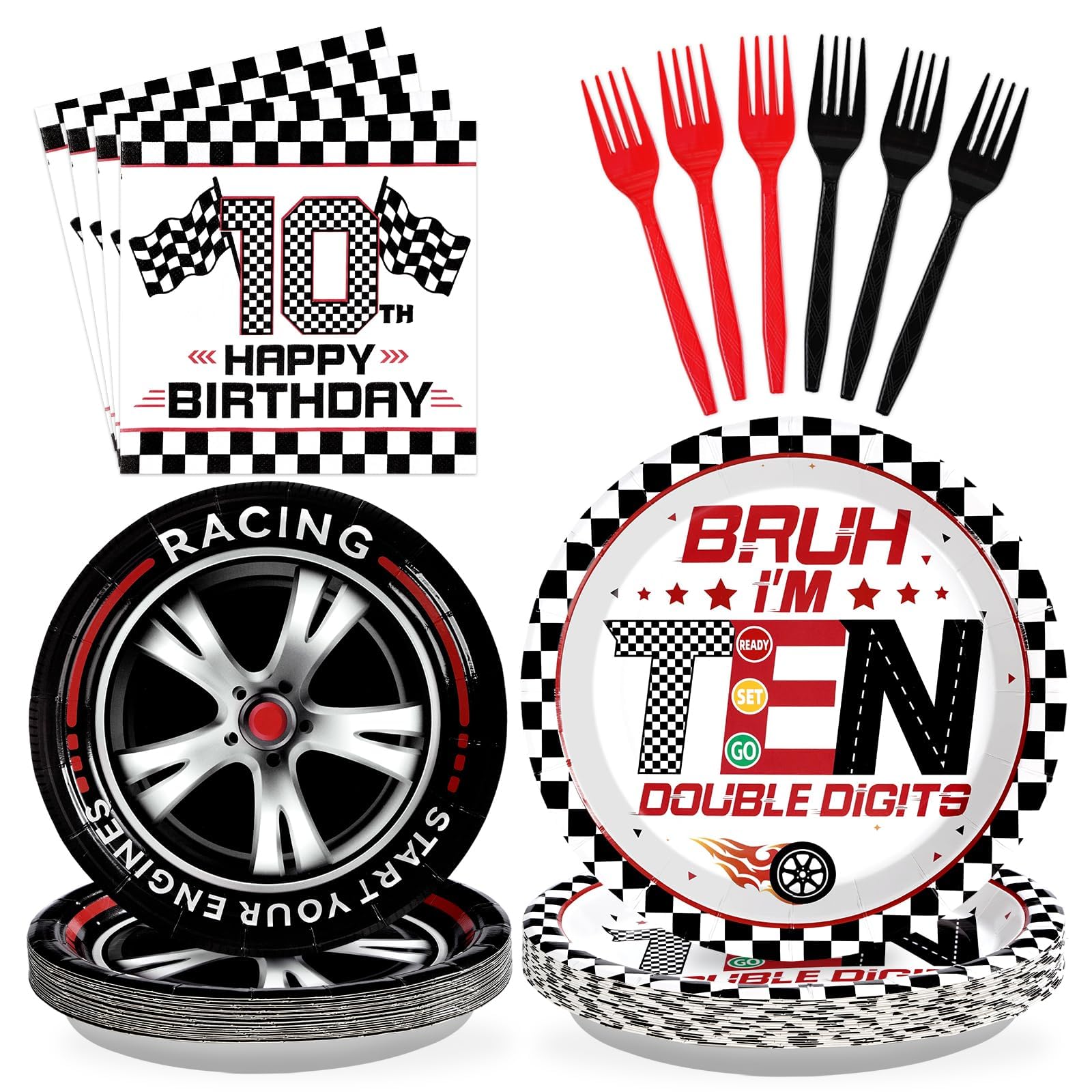 Photo 1 of Grencian 96Pcs Race Car 10th Birthday Party Supplies Bruh I’m Ten Plates and Napkins Racing Car Double Digits Tableware for 10 year old Boys Racing Car Birthday Party Decorations Serve 24