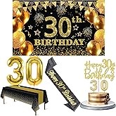 30th Birthday Decorations for Him Her with 30th Birthday Banner, Black and Gold Table Cloth, Number Balloons, Large Sash, Cake Topper and Candles
