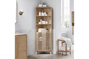 RedLemon Slatted Door Corner Cabinet, 68" Tall Mid-Century Bathroom Cabinet w/Semi-Open Cubby, Adjustable Shelves, Curved Edges, Stable Support Legs, Space-Saving Organizer for Bathroom, Natural Oak