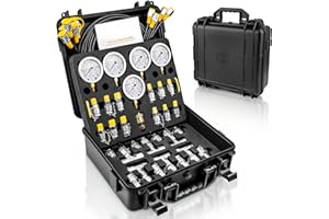 AIKYCIU Hydraulic Pressure Test Kit, 5 Gauges 10–600 Bar/150–10 000 PSI, 13 Test Couplings 14 Tee Connectors 5 Hoses, Hydraulic Test Gauge Kit in Case for Excavator Construction Machinery Pressure Tester