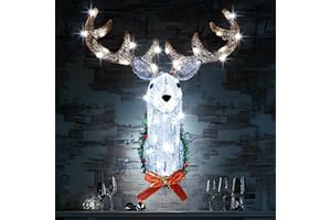 Hourleey Lighted Christmas Wall Decoration Reindeer Head, 32" 3D Battery Operated Rudolph Hanging Wreath with 8 Modes, Light Up Christmas Decor for Outdoor Indoor Front Door Window Xmas