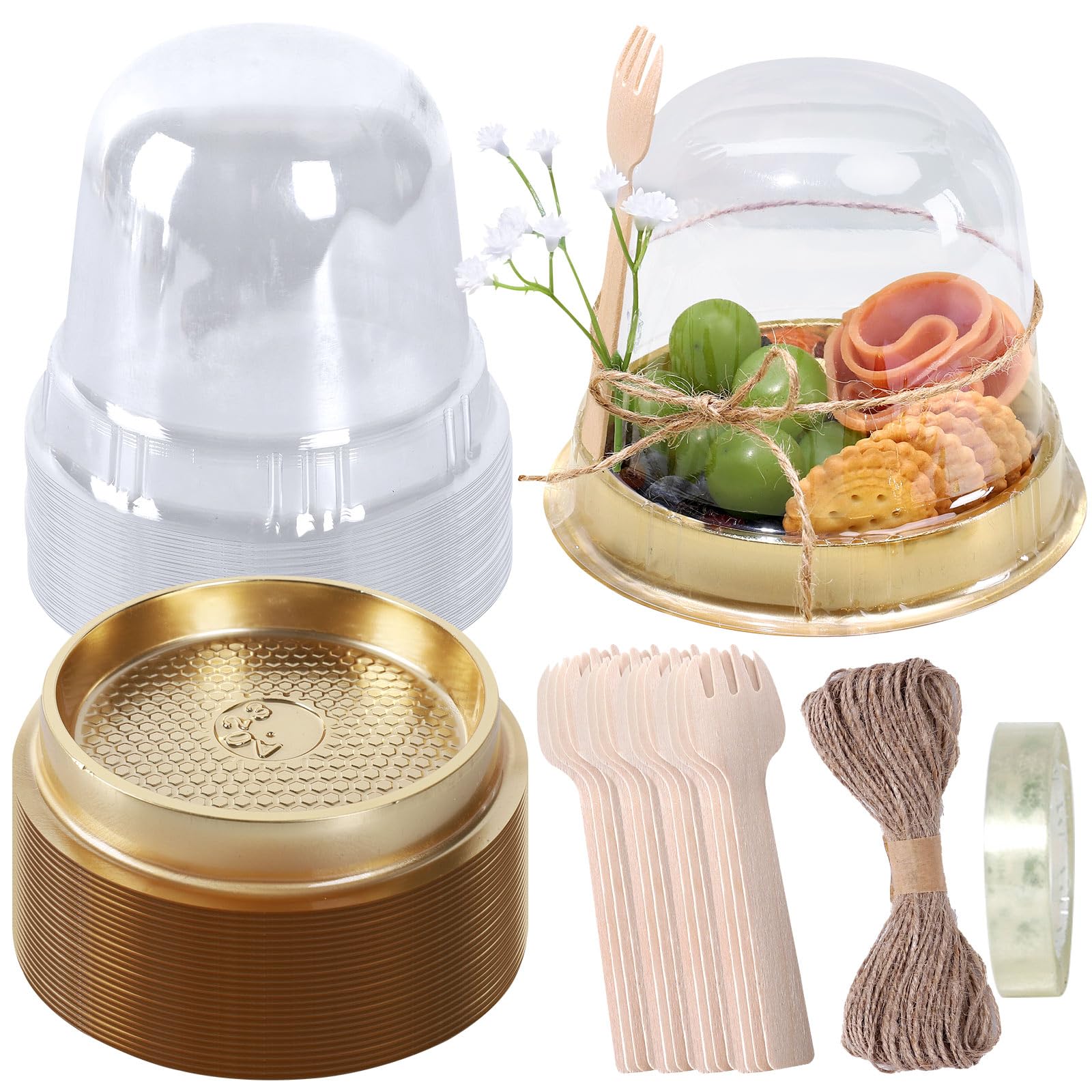 Photo 1 of **ONLY THE LIDS** 50 Sets Disposable Individual Charcuterie Cup Clear Plastic Round Cake Boxes with Dome Lids Mini Wooden Spork Rope for Outdoor Snack Packing Open Houses Gatherings Wedding Party Event     