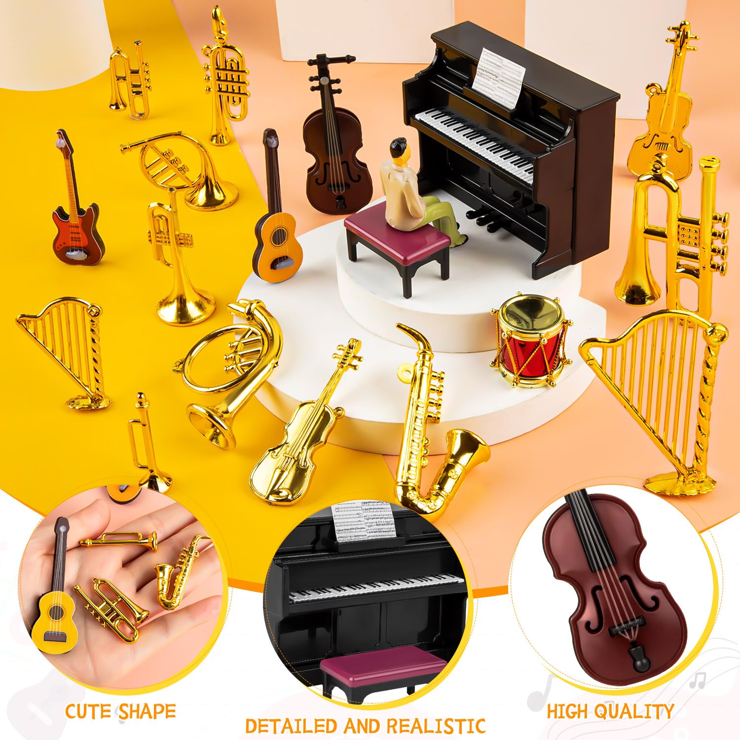 Dollhouse Musical Instruments, Miniature Violin Guitar Piano Drum Trumpet Mini Figurine Ornament for Mini House Musical Room Furnishin
