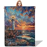Plistiz Coastal Throw Blanket, 50x60 Inch, Nautical Themed, Sunset Lighthouse Scene with Seagulls, Flannel, Lighthouse Gifts
