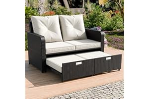 SENYUN Outdoor Rattan Daybed, Sunbed Wicker Patio Chair w/Adjustable Backrest & Waterproof Upholstered Cushion, PE Wicker Convertible Loveseat Sofa furniture for Poolside Garden, Black