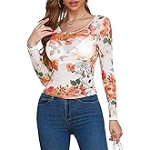 AISEW Womens Floral Mesh Long Sleeve Tops Round Neck Sexy See Through Fitted Tee Shirts Y2K Going Out Crop Top