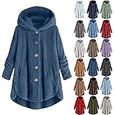 RRMuAzgs Fuzzy Fleece Jacket for Women Lightweight Cozy Button Hooded Shirts Womens Winter Coats Causal Plus Size Bed Jackets