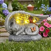Cat Memorial Stones with Solar Angel Wing Cardinal Butterfly 8 Inch | Sleeping Cat Grave Markers Outdoor Waterproof Pet Loss Sympathy Gift for Garden or Tombstone Statue