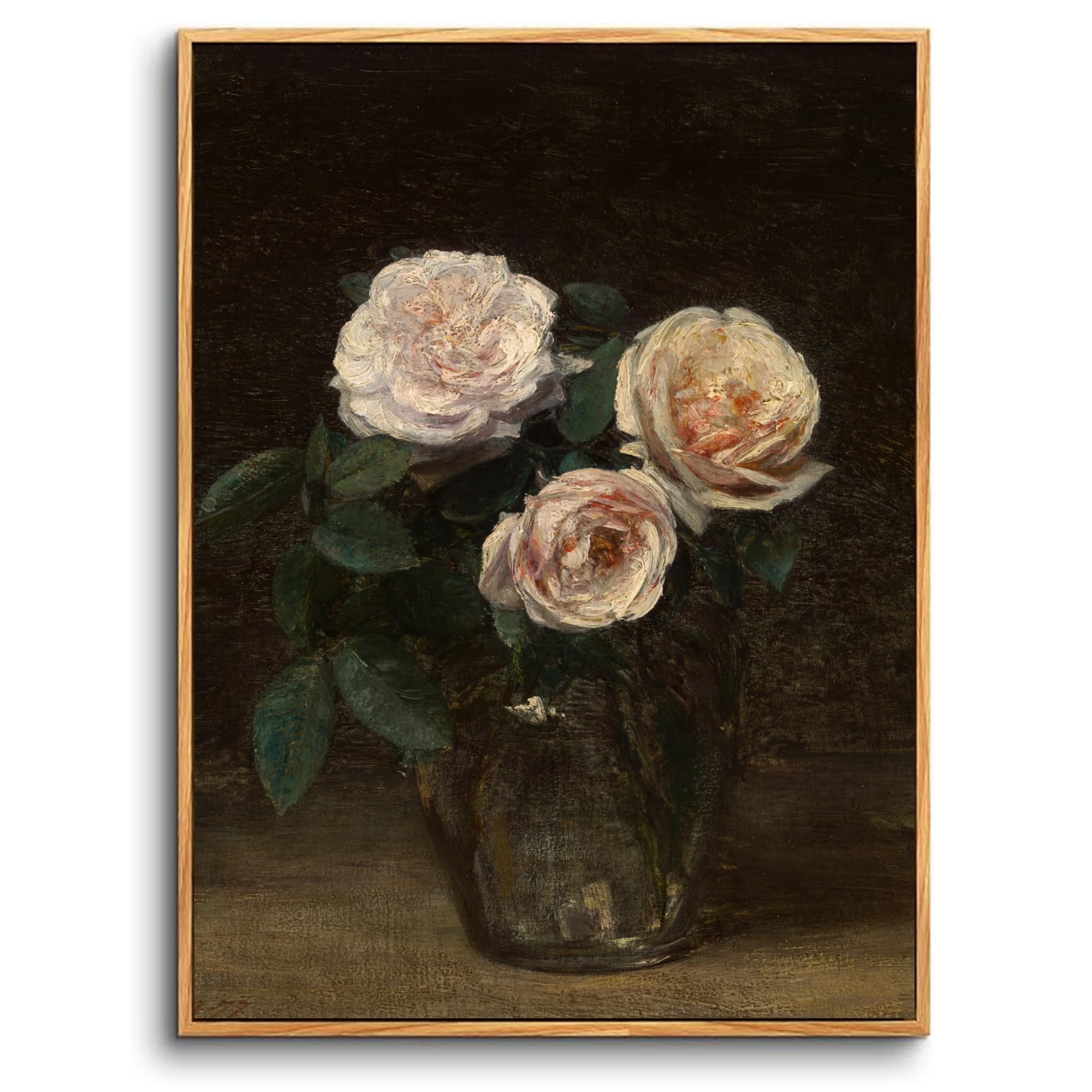 hyidecorart Wooden Framed Canvas Wall Art for Living Room, 12"x16" Pink Roses Vintage Botanical Bedroom Decor Aesthetic, Modern Paintings Artwork Wall Decorations for Desktop Hallway Dining Room