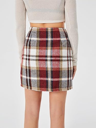 Scacto Women's Casual High Waist Plaid Skirt Bodycon Pencil Wool