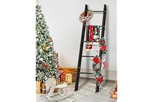 XLHOMO Blanket Ladder for Living Room, 5-Tier Wooden Ladder Shelf, Rustic Decorative Blanket Rack for Blankets, Quilts, Farmhouse Decor Ladder Shelf for Bedroom Bathroom Home Christmas Decor, Black