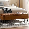 kinmars Leather Storage Ottoman Bench,End of Bed Bench for Living Room Bedroom Dinning Room Entryway,Mid-Century Modern,Faux Leather,with Steel Legs,Safety Hinges, Loads 660 lb (with Button, Brown)