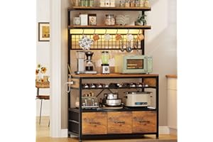 Itaar Bakers Rack with Storage and Power Outlet, 35.4 inch Coffee Bar Cabinet, Microwave Stand Kitchen Cabinet with Hutch, LED Lights, Wine Rack and Hooks, Rustic Brown Rustic Brown
